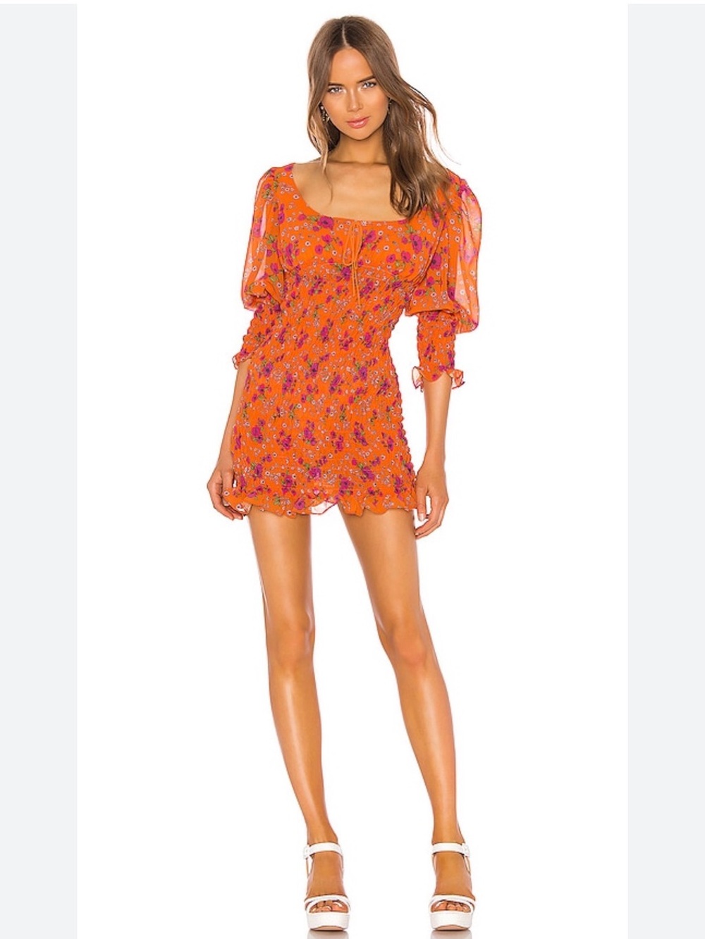 For Love & Lemons Orange Floral Smocked Mini Dress